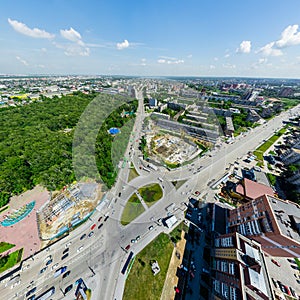 Aerial city view. Urban landscape. Copter shot. Panoramic image.