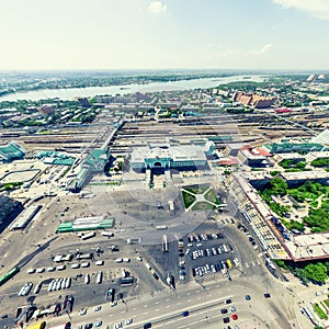 Aerial city view. Urban landscape. Copter shot. Panoramic image.