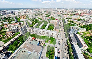 Aerial city view. Urban landscape. Copter shot. Panoramic image.