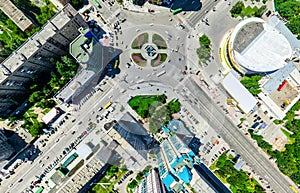 Aerial city view. Urban landscape. Copter shot. Panoramic image.