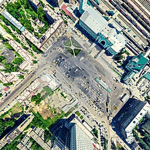 Aerial city view. Urban landscape. Copter shot. Panoramic image.