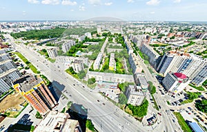 Aerial city view. Urban landscape. Copter shot. Panoramic image.