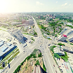 Aerial city view. Urban landscape. Copter shot. Panoramic image.