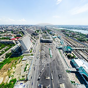 Aerial city view. Urban landscape. Copter shot. Panoramic image.