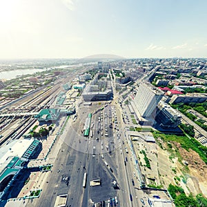 Aerial city view. Urban landscape. Copter shot. Panoramic image.