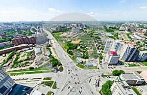 Aerial city view. Urban landscape. Copter shot. Panoramic image.