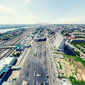 Aerial city view. Urban landscape. Copter shot. Panoramic image.