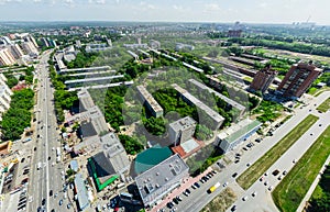 Aerial city view. Urban landscape. Copter shot. Panoramic image.