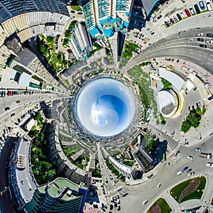 Aerial city view. Urban landscape. Copter shot. Panoramic image.