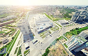 Aerial city view. Urban landscape. Copter shot. Panoramic image.