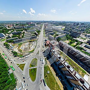 Aerial city view. Urban landscape. Copter shot. Panoramic image.