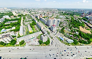 Aerial city view. Urban landscape. Copter shot. Panoramic image.