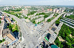 Aerial city view. Urban landscape. Copter shot. Panoramic image.