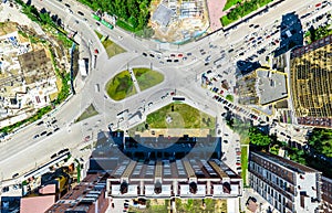 Aerial city view. Urban landscape. Copter shot. Panoramic image.