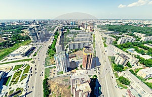 Aerial city view. Urban landscape. Copter shot. Panoramic image.