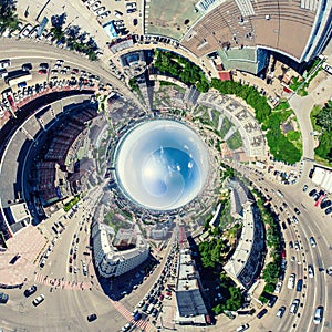 Aerial city view. Urban landscape. Copter shot. Panoramic image.