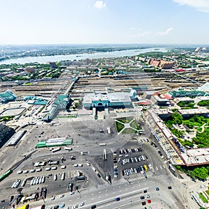 Aerial city view. Urban landscape. Copter shot. Panoramic image.