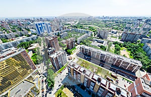 Aerial city view. Urban landscape. Copter shot. Panoramic image.