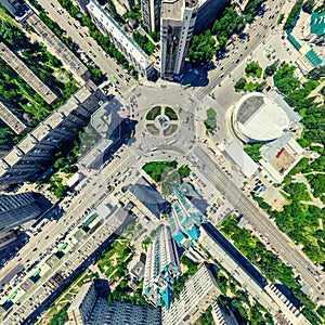 Aerial city view. Urban landscape. Copter shot. Panoramic image.