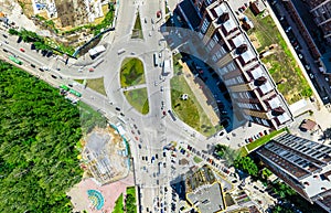 Aerial city view. Urban landscape. Copter shot. Panoramic image.