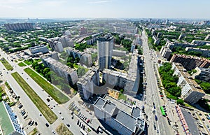 Aerial city view. Urban landscape. Copter shot. Panoramic image.