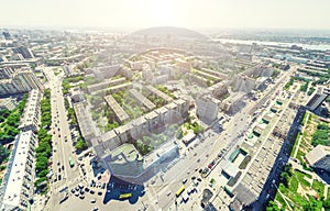 Aerial city view. Urban landscape. Copter shot. Panoramic image.