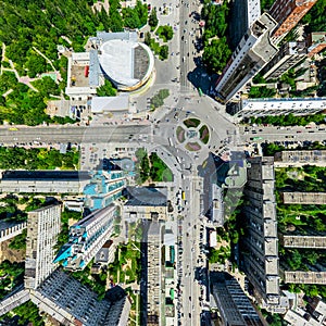 Aerial city view. Urban landscape. Copter shot. Panoramic image.