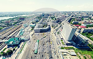 Aerial city view. Urban landscape. Copter shot. Panoramic image.