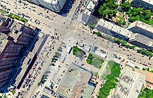 Aerial city view. Urban landscape. Copter shot. Panoramic image.