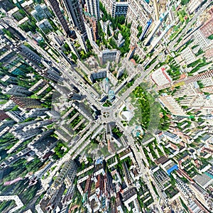 Aerial city view. Urban landscape. Copter shot. Panoramic image.