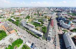 Aerial city view. Urban landscape. Copter shot. Panoramic image.