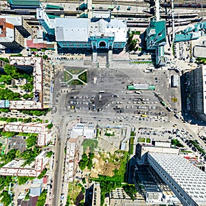 Aerial city view. Urban landscape. Copter shot. Panoramic image.