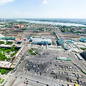 Aerial city view. Urban landscape. Copter shot. Panoramic image.