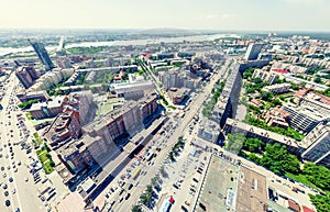 Aerial city view. Urban landscape. Copter shot. Panoramic image.