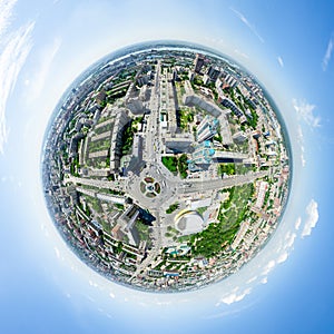 Aerial city view. Urban landscape. Copter shot. Panoramic image.