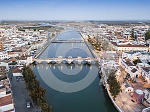 Aerial cityscape of beautiful Tavira in the evening, Algarve, Portugal