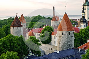 Aerial cityscape with Medieval Old Town, St. Olaf Baptist Church and Tallinn City Wall, Tallinn, Estonia