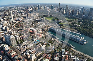 Aerial cityscape of Sydney Woolloomooloo suburb and historic wharf