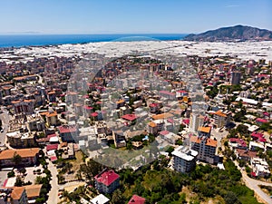 Aerial cityscape of Turkey city Anamur on mediterranean sea shore photo