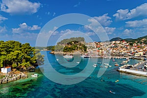 Aerial cityscape view of the coastal city of Parga, Greece during the Summer