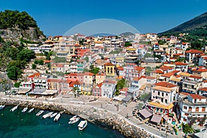 Aerial cityscape view of the coastal city of Parga, Greece during the Summer