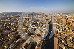 Aerial cityscape view from `Due torri` or two towers, Bologna