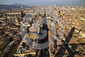 Aerial cityscape view from `Due torri` or two towers, Bologna