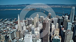 Aerial cityscape view with high and modern buildings on a sunny day in San Francisco