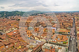 Aerial cityscape view from two towers, Bologna, Italy