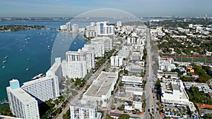 Aerial clip Miami Beach Biscayne Bay condominiums on the water