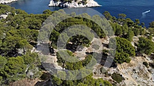 Aerial clip over the scenic of Calanques, located in southern France on the Mediterranean Sea.