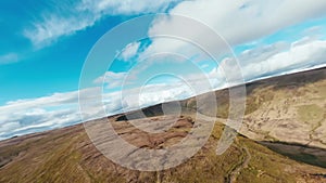 Aerial clip of rolling countryside of the Usk Valley, Brecon Beacons National Park, Powys, Wales, United Kingdom, Europe