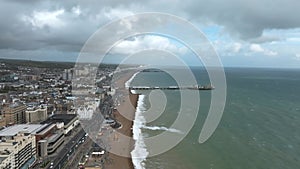 Aerial close up 4k video of British Airways i360 observation deck in Brighton, UK.