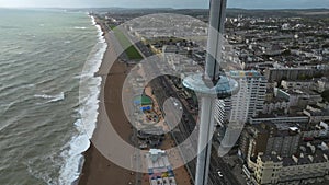 Aerial close up 4k video of British Airways i360 observation deck in Brighton, UK.